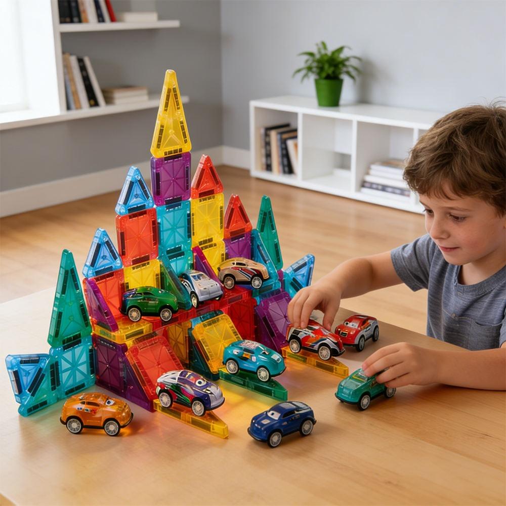 Mini Magnetic 88-Piece Building Set (78 Tiles + 10 Cars)
