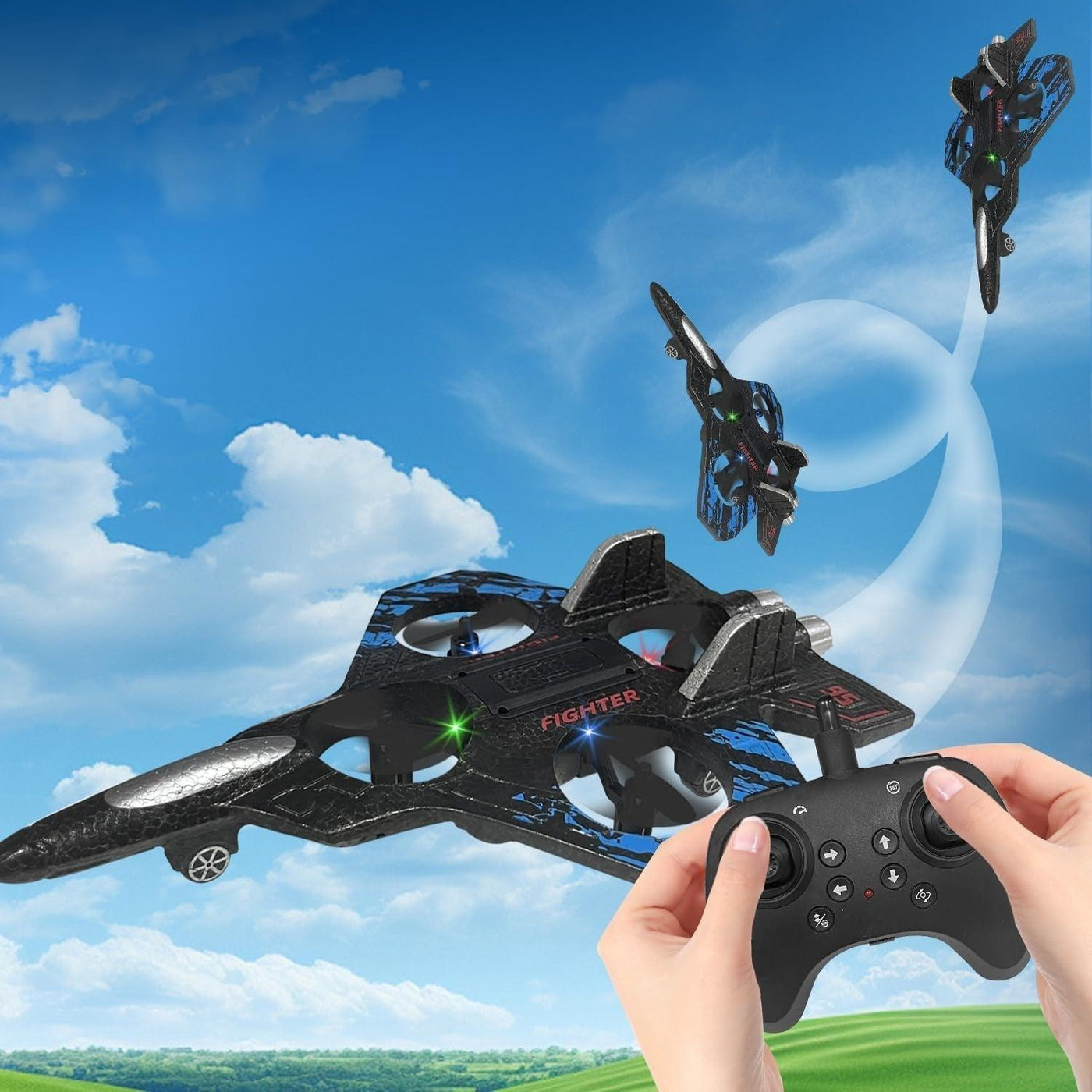 ABS Plastic Fighter Jet RC Drone – 360° Stunt Flying with LED Lights