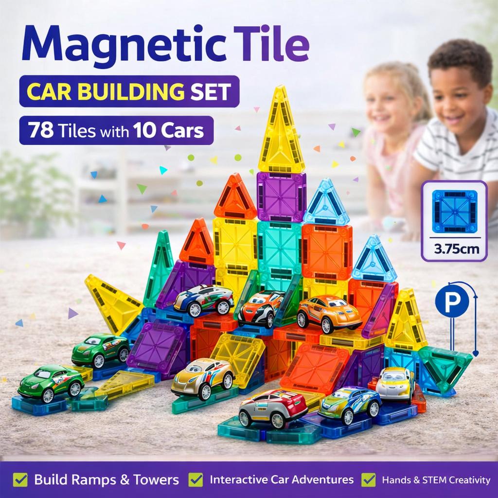 Mini Magnetic 88-Piece Building Set (78 Tiles + 10 Cars)