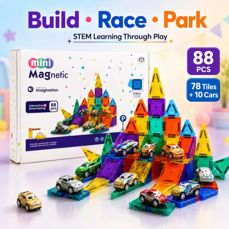 Mini Magnetic 88-Piece Building Set (78 Tiles + 10 Cars)